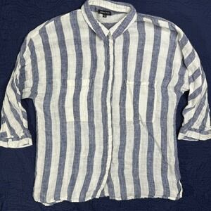 Athena Marie 100% Linen Striped Button Down Shirt Blue White L Oversized Flaw